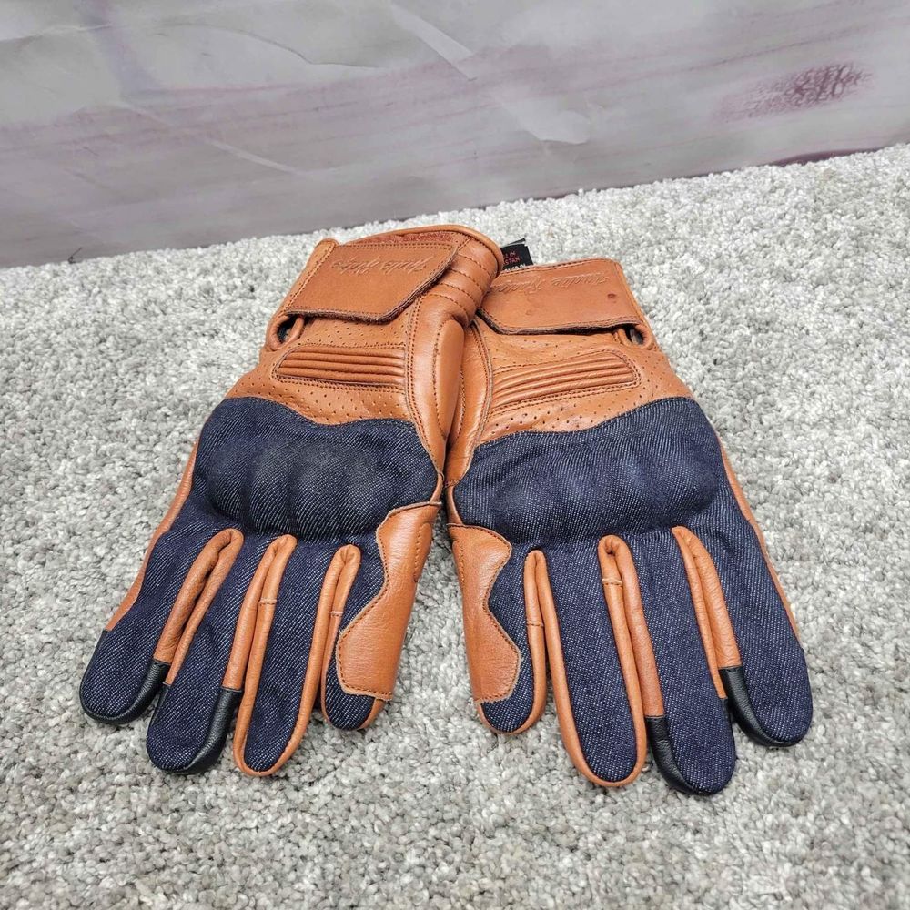 Indie Ridge Motorcycle Leather Gloves- Denim/ Camel- Unisex Sz M